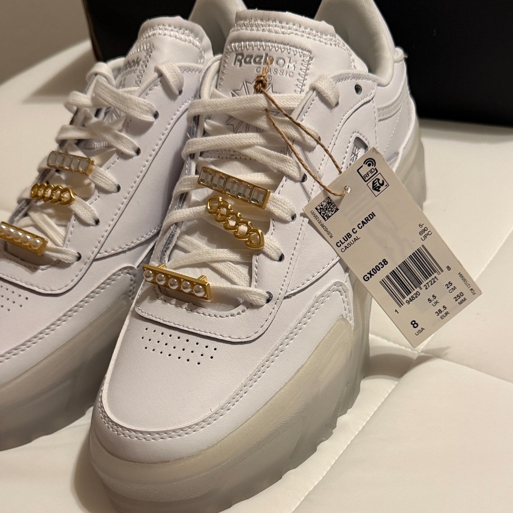 Cardi B Reebok White Platform Sneakers with Gold Lace Charms Club C
